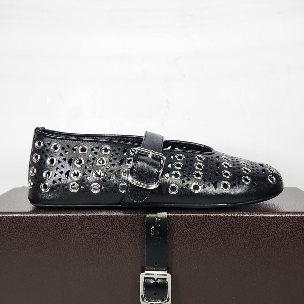 Alaia Ballet Flats Women Size 37 Noir Vienne Lambskin Eyelet Mary Jane Black